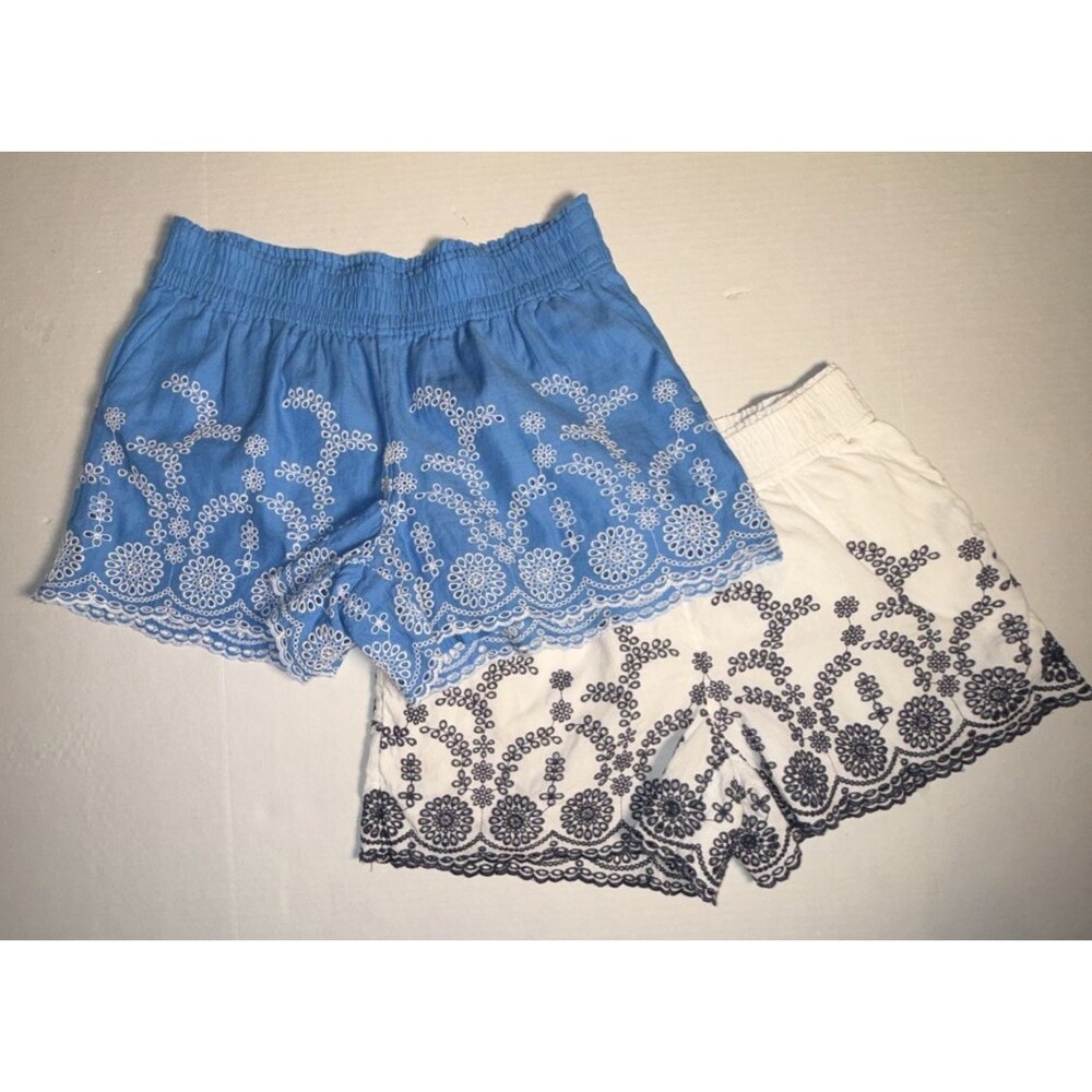 J Crew Medium Shorts Blue/White Floral Eyelet Embroidered Elastic Waist Linen Bl - Picture 1 of 11